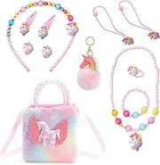 FOSDICK Unicorn Bag, Plush Unicorn Bags for Girls, Girls Bag with Jewelry Set, Necklace Bracelet Rings Earrings Hair Clips Keychain Dress Up Accessories, unicorn gifts for girls 3 4 5 6 7 8 Year Old