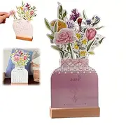 2025 mini Flower Calendar desk calendar, Floral Desktop Calendar with Wooden Base, Standing Flip Decorative Flower Calendar, Mini Vase Shaped Desk Calendar, for Home Office School (1pcs A)