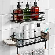 WILLKOMMEN Shower Shelves 2 Pack - Premium Self Adhesive Shower Caddy No Drill Large Capacity Stainless Steel Wall Shelf - Easy Mount Bathroom Shower Organizer - Black