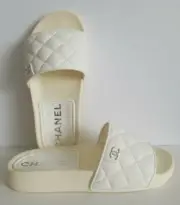 C H A N E L ICONIC SUN DECK RARE QUILTED IVORY CC LOGO SLIDES EU 35 LOVE SHOES S