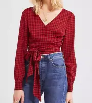 Urban Outfitters Black Red Gingham Tie Waist Surplice Top Size Small NWT