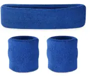 WRISTBAND & HEADBAND SET Tennis Terry Towelling Cotton Sweat Band Team Gym - Blu