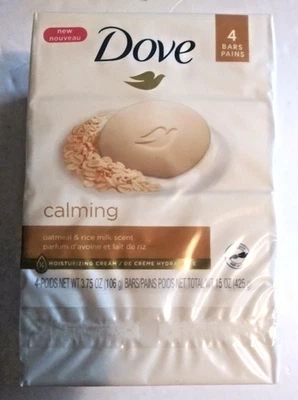 Dove 3.75oz Calming Bar Soap. Oatmeal and Rice Milk Scent. 4/pk