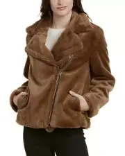 NWT Vince Faux Fur Notched Lapels Moto Jacket, MACCHIATO, Large, MSRP $495