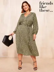 Friends Like These Khaki Green Curve Printed Midi Shirt Dress (AD7850) | $53