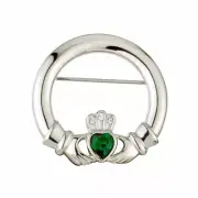 Solvar Women's Rhodium Plated Claddagh Brooch Crystal & Emerald Green Stone