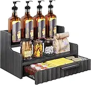Piskyet Coffee Station Organizer for Counter, Wooden Coffee Bar Accessories Organizer With Drawer, Coffee and Tea Condiment Storage Organizer, Coffee Bar Decor for Coffee Accessories Organizer