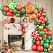 87Pcs Christmas Balloon Garland - Red Green Gold Balloon Arch Kit - Gingerbread Candy Cane Lollipop Foil Balloons for Xmas Party Decor