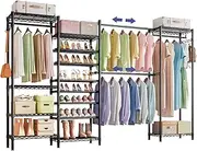[Taotigzu] Expandable Metal Wardrobe Clothes Rail with Shoe Rack,Heavy Duty Clothes Rail Coat Rails Garment Rack with Adjustable Storage Shelves,Freestanding Large Wardrobe with Hanging Rod and Hooks
