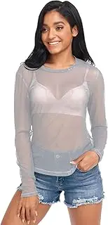 [RPLIFE] Silver Mesh Sleeve Top, Sheer See Through Tops for Women S-XXL