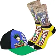 Apparel Set - Bundle with 1 Pair of Crew Socks Size 8-12 Plus Baseball Hat | Hunter x Hunter Merchandise for Kids, Multicolor, 8-12