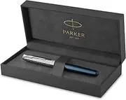 [PARKER] Sonnet Fountain Pen | Premium Metal and Blue Satin Finish with Chrome Trim | Fine 18k Gold Nib with Black Ink Cartridge | Gift Box
