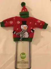 Food Network: Christmas Sweater w/Snowman & Toboggan Bottle Cover: Red & Green