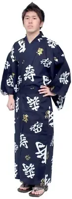 Men's Yukata Robe Japanese Summer Kimono - Happy Longevity Navy