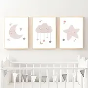 ZYRQART Nordic Moon Star Cloud Canvas Wall Art Poster Pink Girls Art Print Baby Nursery Canvas Painting Modern Pictures Kids Room Decor No Frame(16X24 Inch Unframed)