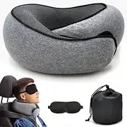 Travel Neck Pillow,Premium Memory Foam Travel Pillow with 3D Contoured Eye Masks & Mesh Bag, Comfortable Breathable Machine Washable, Pain Relief Sleeping Travel Pillows for Planes,Trains,Car -Gray