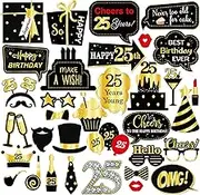 25th Birthday Photo Booth Props, Boys Girls 25th Birthday Photoshoot Funny Birthday Party Photography Props Favor 25 Years Old Centerpiece Sticks Decorations Black & Gold 35 PCS
