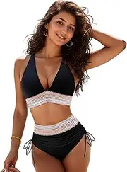 [LI FITNESS] Women's High-Waisted Bikini Set Tummy Control Swimsuit Color Block Push-Up Two-Piece Swimsuit Sexy V-Neck Shapewear Bathing Suit Slimming Swimwear for Women