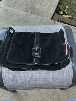 COLE HAAN Kelsey Black Suede Purse Pink Interior Handbag Satchel No Strap NWT