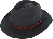 [Kenny K] Men's Australian Wool Fedora with Leather Hatband, Medium, Charcoal