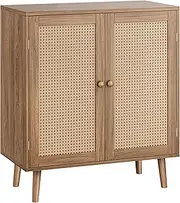 Huuger Buffet Cabinet with Storage, Storage Cabinet with Synthetic Rattan Decor Doors, Accent Cabinet with Solid Wood Feet, Sideboard Cabinet for Hallway, Entry, Living Room, Walnut