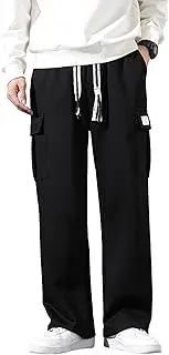 [Aosufei] Men's Comfort Drawstring Elastic Waist Cargo Pants Regular Fit Solid Hiking Pants Joggers Wide Leg Trousers