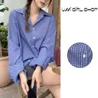 Lapel Detail Women's Casual Top in Classic Blue with Trendy Plaid Look