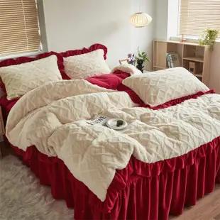 紅色床包組 結婚床包組 單人雙人床包組高檔韓版塔芙蓉床裙四件套加厚加絨牛奶絨法蘭絨床單床裙床上用品