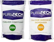 Puri Tech Chemicals 20 lb Calcium Hardness Increaser & 20 lb Stabilizer Conditioner Kit for Swimming Pools & Spas Balance Chemical Levels Keep Surfaces & Water Clean