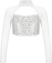 [Jugaoge] Kids Girls Long Sleeve Dance Crop Top Shiny Sequins Hip Hop Jazz Street Tee Shirt Dancewear
