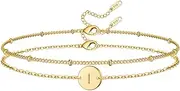 [Glimmerst] Initial Bracelet for Women, 18K Gold Plated Stainless Steel Layered Coin Letter Bracelet Beaded Chain Personalized Name Bracelet for Girls