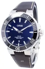 Oris Aquis Date Automatic 26 Jewels Blue Dial Leather Band Diver 300M Mens Watch