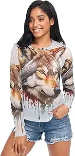 [RPLIFE] Cool Wolf Animals White Womens Mesh Tops, Long Sleeve Sheer Top S-XXL