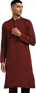 KISAH Mens Kurta, Silk Blend Jacquard Mandarin Collar Long Sleeves, Maroon Ethnic Wear for Men