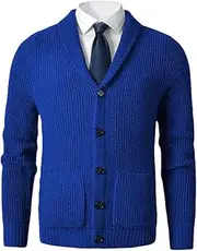 [Generic] Men's Cardigan Sweater Slim Fit Shawl Collar Button Up Knitted Sweater Winter Thick Warm Tops with Pockets