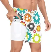 [GuoChe] Men Beach Shorts Men's 2 in 1 Running Shorts Colorful Gears with Compression Liner and Pockets Beach Board Shorts