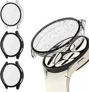 [4-Pack] for Samsung Galaxy Watch 6 44mm Screen Protector Case, Full Protective Hard PC Cover Tempered Glass Screen Protector for Galaxy Watch 6 44mm (44mm, Black+Black+Clear+Clear)