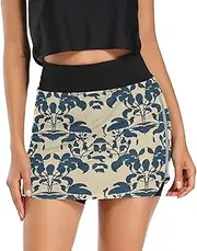 [RPLIFE] Blue Leaf Beige Athletic Running Skirt, Golf Skorts for Women with Pockets, Work Out Skorts
