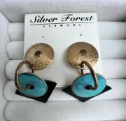 VTG Silver Forest Vermont Mixed Metal Verdigris Layered Shape Dangle Earring NOS
