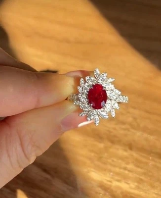 1.55 Ct Oval Cut Natural Ruby Diamond Engagement Ring 14K solid White gold