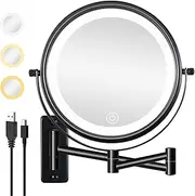 Wall Mounted Lighted Makeup Mirror 10X LED Magnifying Mirror with 3 Color Lights, Double Sided, Touch Screen Dimming, Extension Bathroom Vanity Mirror (Black, 10X)