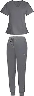 [Vaveren] Nurse Work Clothing Nursing Uniform Scrub Set for Women Men, Soft Elastic Waistband with Adjustable Drawstring V Neck Tops and Jogger Pants