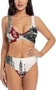 [JEJEA] Red Phone Booth London Street Print Women Swimsuit, Women's High-Waisted Bikini Set, Two-Piece Sport Bathing Suits, Black, S