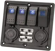 4 Way Illuminated Surface Mountable Switch Panel With USB 12V & 2 Battery Plugs