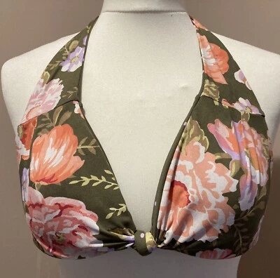 Seafolly Bikini Top Size 12 Halter Neck Khaki Green & Orange Floral