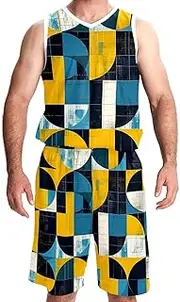 [KQNZT] Basketball Jerseys Shorts Sport Set, Basketball Jersey for Women, Hip hop Clothing for Party, Geometric Blue Yellow Fashion