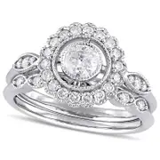 0.75 CT. T.W. Natural Diamond Flower Frame Antique Vintage-Style Bridal Engagement Ring Set in Solid 10K White Gold