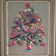 Vintage Jewelry Encrusted OOAK Christmas Tree Framed Art 11 X 14" Maximum Bling!