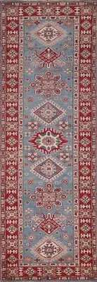 Tribal Light Blue/ Red Geometric Super Kazak Handmade Hallway Runner Rug 3'x10'