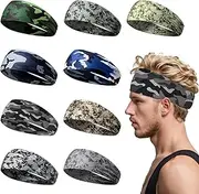 [Dqwtb] 9 Pack Sports Headband for Men - Wide Sweatband for Running, Cycling, Football, Basketball, Yoga, Workout - Stretchy and Sweat-Wicking